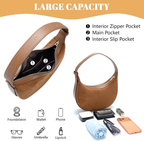 Suede Crossbody Bag for Women Crescent Shoulder Bag Vintage Hobo Handbag Purses Trendy Tote Handbags with Adjustable Strap | Suede Shoulder Bag in Saudi Arabia