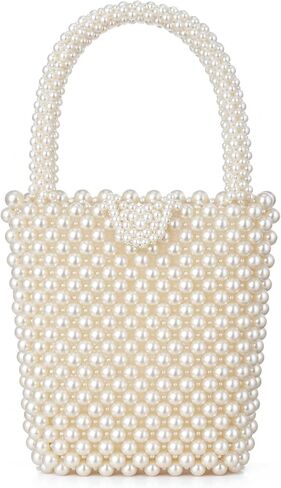 Sureio Pearl Bridal Handbag Beaded Evening Bag White Acrylic Pearl Tote for Wedding Bride Prom Party Elegant Handmade Woven Clutch Purse Fits Phone and Essentials for Formal Events in Kuwait