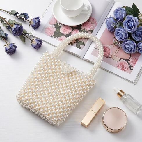 Sureio Pearl Bridal Handbag Beaded Evening Bag White Acrylic Pearl Tote for Wedding Bride Prom Party Elegant Handmade Woven Clutch Purse Fits Phone and Essentials for Formal Events in Kuwait
