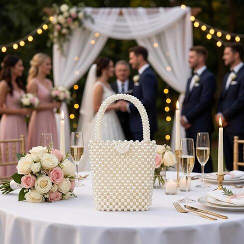 Sureio Pearl Bridal Handbag Beaded Evening Bag White Acrylic Pearl Tote for Wedding Bride Prom Party Elegant Handmade Woven Clutch Purse Fits Phone and Essentials for Formal Events in Kuwait