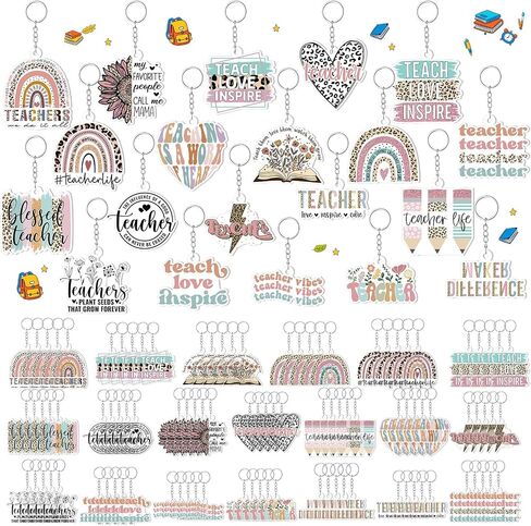 100 Pcs Motivational Teachers Keychains Bulk, Inspirational Leopard Boho Rainbow Acrylic Keychains for Women Men, End of Year Back to School Teacher Appreciation Gifts from Students, 20 Styles in Kuwait