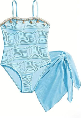 Girls One Piece Swimsuit with Cover Up Set Textured Wave Bathing Suit with Seashell Starfish Charm for Girl Size 7-14 in Saudi Arabia