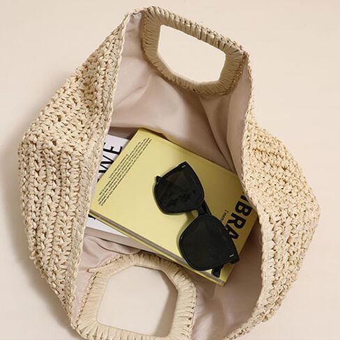 Straw Woven Tote Bag Hand Bags, Purses for Women with Geometric Handles Beach Ladies Handbags Holiday Women's Purse in Saudi Arabia