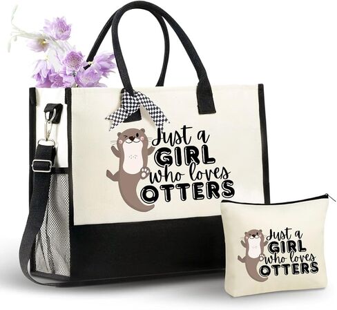 InnoBeta Otter Gifts Canvas Tote Bag for Women, Girls, Otter Theme Gifts with Top Zipper Closure and Shoulder Strap for Birthday, Mother's Day, Christmas in Kuwait