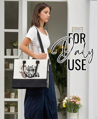 InnoBeta Otter Gifts Canvas Tote Bag for Women, Girls, Otter Theme Gifts with Top Zipper Closure and Shoulder Strap for Birthday, Mother's Day, Christmas in Kuwait