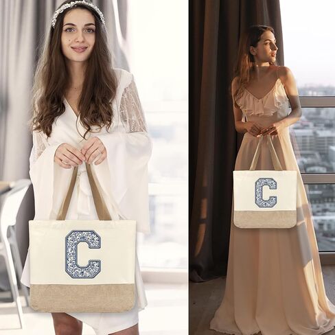Initial Canvas Tote Bag, Womens Personalized Monogram C Tote Bags, Suitable for Wedding Engagement Parties Honeymoon Birthday Beach Holiday, Gift for Women Grandma Mom Teacher Friends Bridesmaids in Saudi Arabia