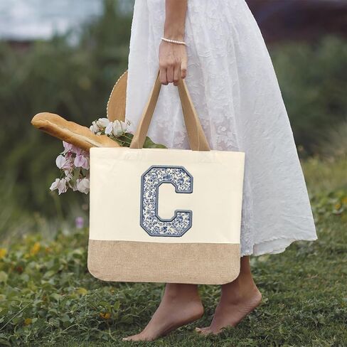 Initial Canvas Tote Bag, Womens Personalized Monogram C Tote Bags, Suitable for Wedding Engagement Parties Honeymoon Birthday Beach Holiday, Gift for Women Grandma Mom Teacher Friends Bridesmaids in Saudi Arabia