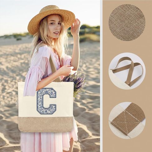 Initial Canvas Tote Bag, Womens Personalized Monogram C Tote Bags, Suitable for Wedding Engagement Parties Honeymoon Birthday Beach Holiday, Gift for Women Grandma Mom Teacher Friends Bridesmaids in Saudi Arabia