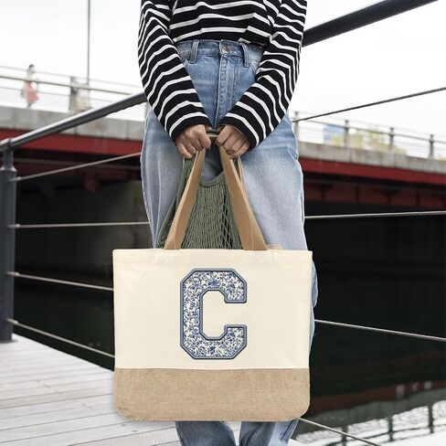 Initial Canvas Tote Bag, Womens Personalized Monogram C Tote Bags, Suitable for Wedding Engagement Parties Honeymoon Birthday Beach Holiday, Gift for Women Grandma Mom Teacher Friends Bridesmaids in Saudi Arabia