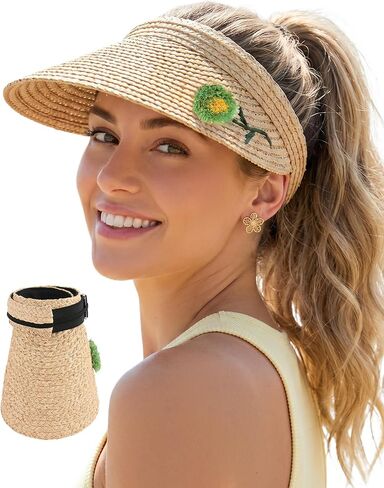 Women's 100% Raffia Straw Sun Visor Lightweight Portable UPF50+ Wide Brim Straw Hat Adjustable Floral Empty Top Beach Cap in Saudi Arabia