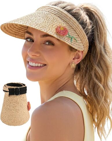 Women's 100% Raffia Straw Sun Visor Lightweight Portable UPF50+ Wide Brim Straw Hat Adjustable Floral Empty Top Beach Cap in Kuwait