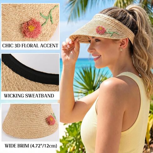 Women's 100% Raffia Straw Sun Visor Lightweight Portable UPF50+ Wide Brim Straw Hat Adjustable Floral Empty Top Beach Cap in Kuwait