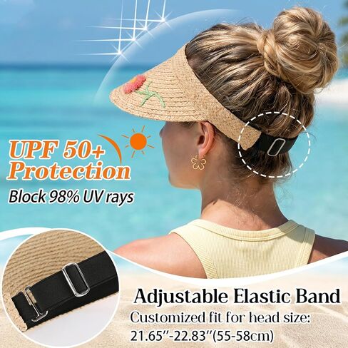 Women's 100% Raffia Straw Sun Visor Lightweight Portable UPF50+ Wide Brim Straw Hat Adjustable Floral Empty Top Beach Cap in Kuwait