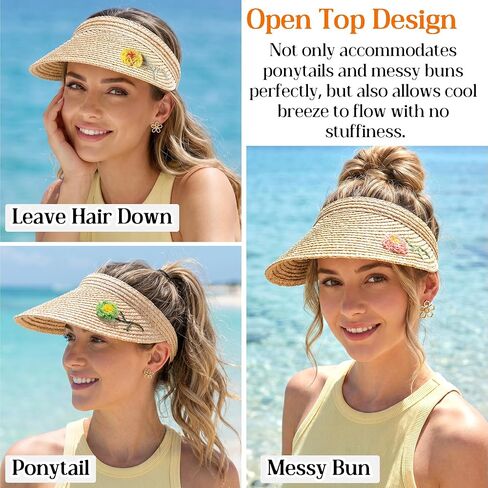 Women's 100% Raffia Straw Sun Visor Lightweight Portable UPF50+ Wide Brim Straw Hat Adjustable Floral Empty Top Beach Cap in Kuwait