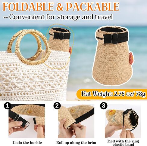 Women's 100% Raffia Straw Sun Visor Lightweight Portable UPF50+ Wide Brim Straw Hat Adjustable Floral Empty Top Beach Cap in Kuwait