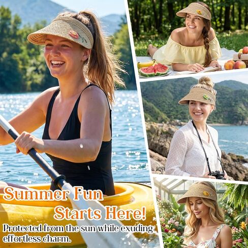 Women's 100% Raffia Straw Sun Visor Lightweight Portable UPF50+ Wide Brim Straw Hat Adjustable Floral Empty Top Beach Cap in Kuwait