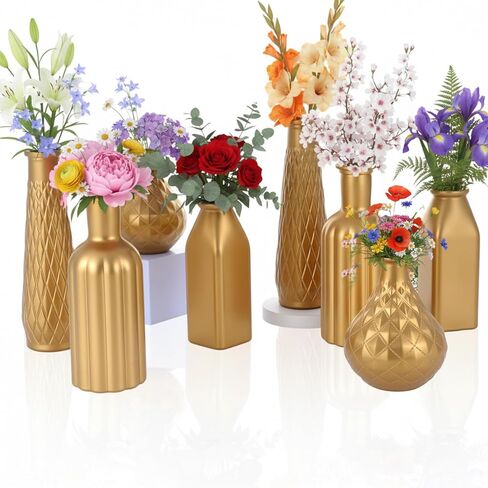 8 Pack Gold Glass Vase, Cylindrical Home Decor, Antique Art Deco Style, Holds Water, Gold Electroplating Finish, Living Room Kitchen Bathroom Bedroom Decor, Table Centerpieces in Kuwait