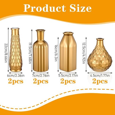 8 Pack Gold Glass Vase, Cylindrical Home Decor, Antique Art Deco Style, Holds Water, Gold Electroplating Finish, Living Room Kitchen Bathroom Bedroom Decor, Table Centerpieces in Kuwait