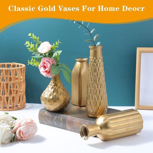 8 Pack Gold Glass Vase, Cylindrical Home Decor, Antique Art Deco Style, Holds Water, Gold Electroplating Finish, Living Room Kitchen Bathroom Bedroom Decor, Table Centerpieces in Kuwait