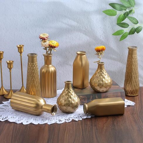 8 Pack Gold Glass Vase, Cylindrical Home Decor, Antique Art Deco Style, Holds Water, Gold Electroplating Finish, Living Room Kitchen Bathroom Bedroom Decor, Table Centerpieces in Kuwait