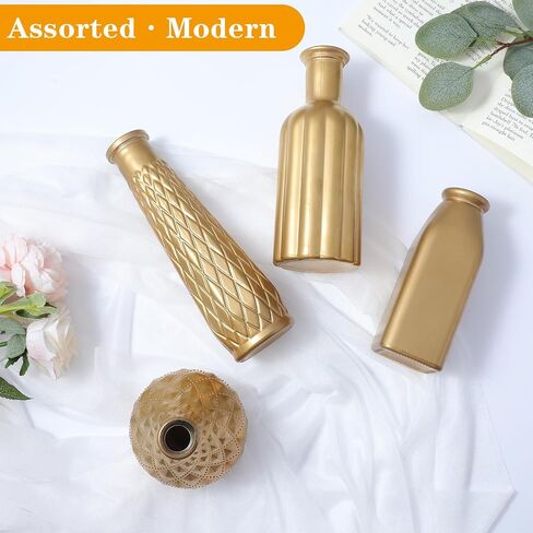 8 Pack Gold Glass Vase, Cylindrical Home Decor, Antique Art Deco Style, Holds Water, Gold Electroplating Finish, Living Room Kitchen Bathroom Bedroom Decor, Table Centerpieces in Kuwait