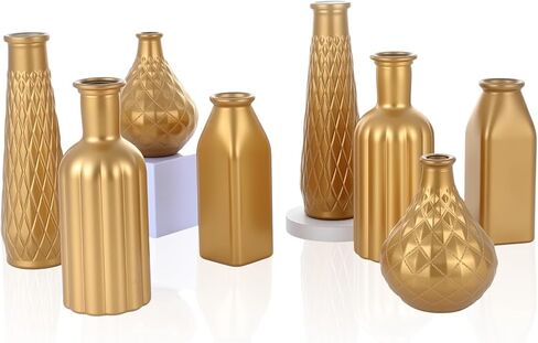 8 Pack Gold Glass Vase, Cylindrical Home Decor, Antique Art Deco Style, Holds Water, Gold Electroplating Finish, Living Room Kitchen Bathroom Bedroom Decor, Table Centerpieces in Kuwait