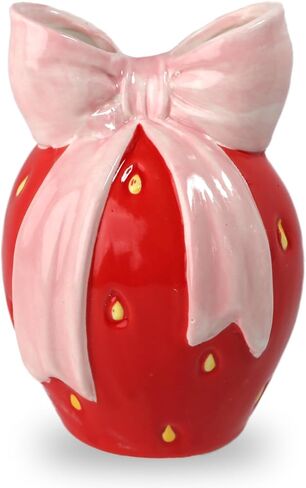 Ceramic Strawberry Vase with Bow Design, Unique Flower Vase for Home Decor in Red and Pink, Perfect for Vintage, Chinoiserie, and Floral Arrangements (Red, S) in Saudi Arabia