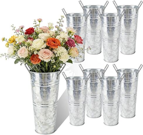 8 PCS 10in Galvanized Buckets Vintage Flower Buckets Flower Bar Supplies Rustic Farmhouse Suitable for Centerpieces Flower Shops Weddings Birthday Parties in Saudi Arabia