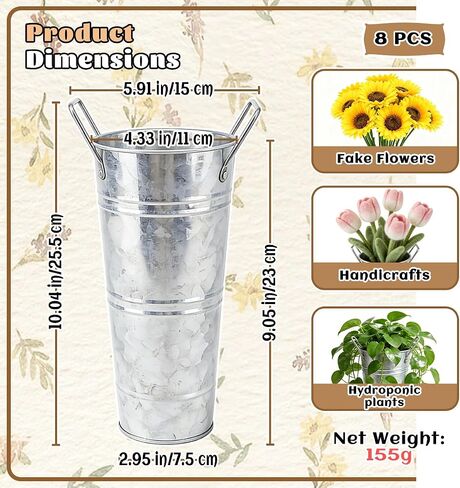 8 PCS 10in Galvanized Buckets Vintage Flower Buckets Flower Bar Supplies Rustic Farmhouse Suitable for Centerpieces Flower Shops Weddings Birthday Parties in Saudi Arabia