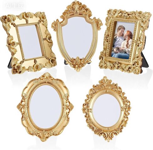 5 Pcs Mini Gold Picture Frames Vintage Set - Baroque Ornate Oval Rectangle Mini Gold Frames Vintage for Table Display, Wedding Party Home Decoration in Saudi Arabia
