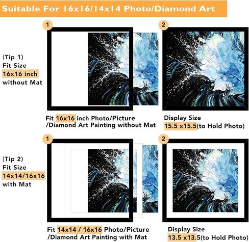 Wood 16x16 Frame Black with 14x14 Mat, for 40 x 40cm Diamond Art Painting, Display Picture 14 x 14 with Mat or 16 x 16 without Mat, Large 40x40 Picture Frame for Wall Hanging, Black, 1 Pack in Saudi Arabia