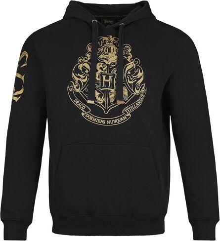 Harry Potter Hogwarts Gold Crest Hoodie - Adult Hooded Sweatshirt, Metallic Print & Sleeve Detail - Black Pullover in Kuwait