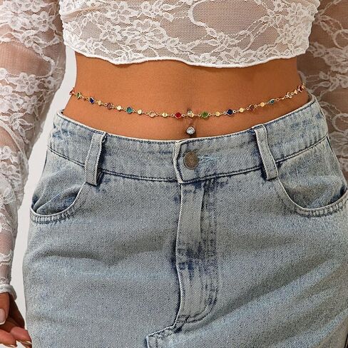Colorful Crystal Waist Chain for Women, Gold Plated Bezel Set Gemstone Belly Chain, Adjustable Boho Body Chain Jewelry for Jeans, Party, Vacation in Saudi Arabia