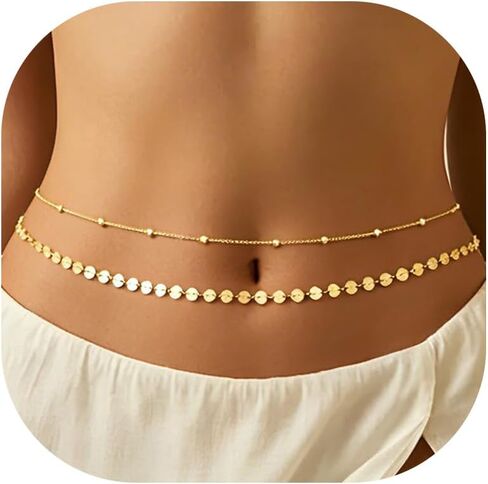 2Pcs Gold Layered Belly Chain for Women Dainty 14K Gold Plated Sequin & Beaded Waist Chain, Adjustable Summer Beach Bikini Body Chain Jewelry Accessories in Saudi Arabia