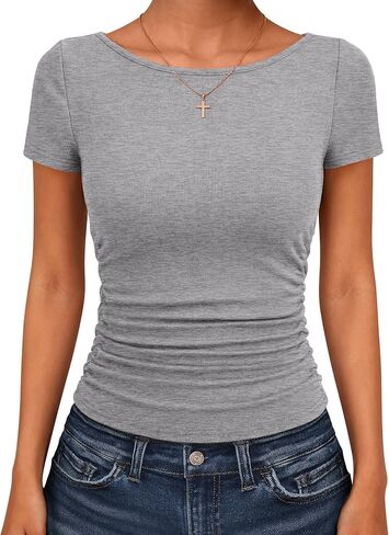 ANRABESS Women's Cap Sleeve Boat Neck Ruched Crop Top, Soft Ribbed Slim Fitted Tee, Going Out Casual Shirt for Summer in Kuwait