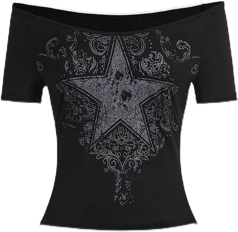 SOLY HUX Women's Y2k Gothic Graphic Tees Off The Shoulder Short Sleeve T Shirt Summer Crop Tops Streetwear in Kuwait