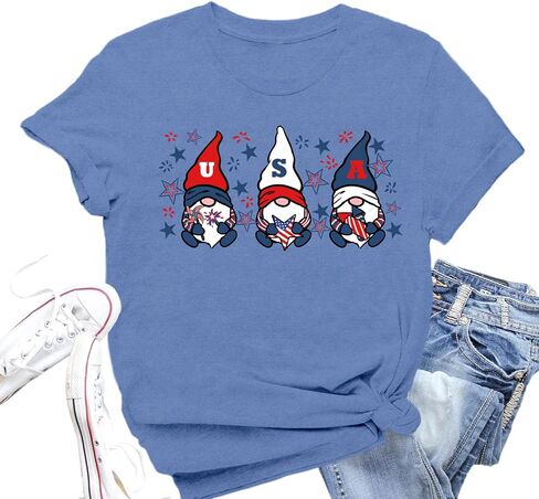 4th of July Shirts Women American Flag Gnomes T-Shirt Patriotic Stars and Stripes Tee Tops in Kuwait