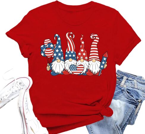 4th of July Shirts Women American Flag Gnomes T-Shirt Patriotic Stars and Stripes Tee Tops in Kuwait