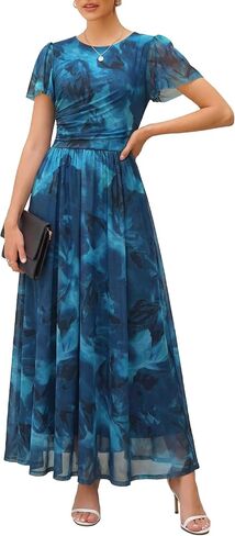 Womens Maxi Dress 2026 Summer Short Flutter Sleeve Crewneck Floral Mesh Ruched Beach Party Wedding Guest Dresses in Saudi Arabia