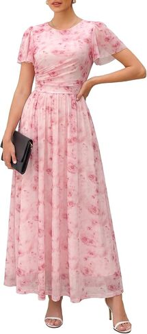 Womens Maxi Dress 2026 Summer Short Flutter Sleeve Crewneck Floral Mesh Ruched Beach Party Wedding Guest Dresses in Kuwait