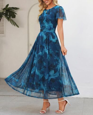 Womens Maxi Dress 2026 Summer Short Flutter Sleeve Crewneck Floral Mesh Ruched Beach Party Wedding Guest Dresses in Kuwait