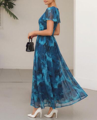 Womens Maxi Dress 2026 Summer Short Flutter Sleeve Crewneck Floral Mesh Ruched Beach Party Wedding Guest Dresses in Kuwait