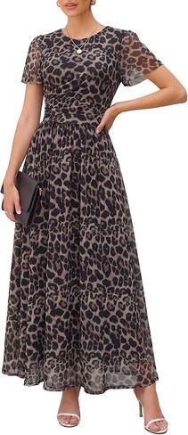 Womens Maxi Dress 2026 Summer Short Flutter Sleeve Crewneck Floral Mesh Ruched Beach Party Wedding Guest Dresses in Kuwait