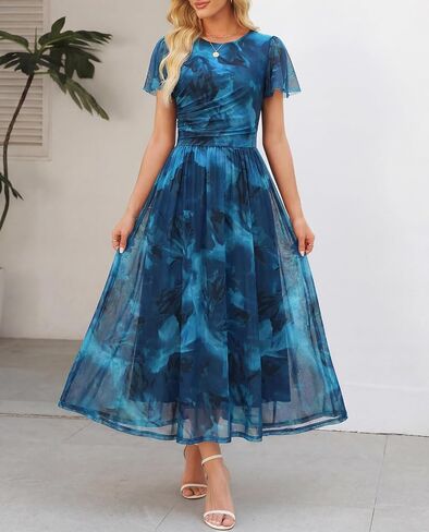 Womens Maxi Dress 2026 Summer Short Flutter Sleeve Crewneck Floral Mesh Ruched Beach Party Wedding Guest Dresses in Kuwait