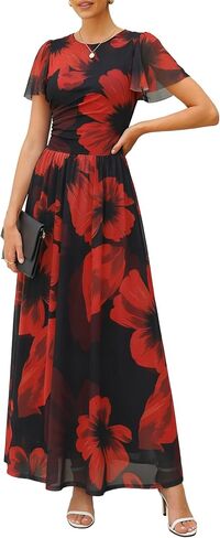 Womens Maxi Dress 2026 Summer Short Flutter Sleeve Crewneck Floral Mesh Ruched Beach Party Wedding Guest Dresses in Kuwait