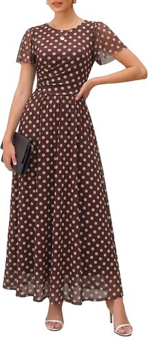 Womens Maxi Dress 2026 Summer Short Flutter Sleeve Crewneck Floral Mesh Ruched Beach Party Wedding Guest Dresses in Kuwait