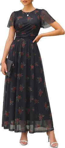 Womens Maxi Dress 2026 Summer Short Flutter Sleeve Crewneck Floral Mesh Ruched Beach Party Wedding Guest Dresses in Kuwait