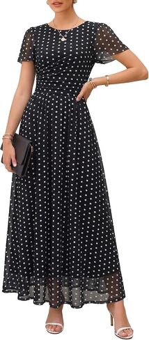 Womens Maxi Dress 2026 Summer Short Flutter Sleeve Crewneck Floral Mesh Ruched Beach Party Wedding Guest Dresses in Kuwait