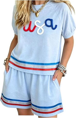 ASTANFY USA 2 Piece Short Sets 4th of July Outfits for Women Patriotic Shirts American Flag 2 Piece Outfits Summer in Kuwait