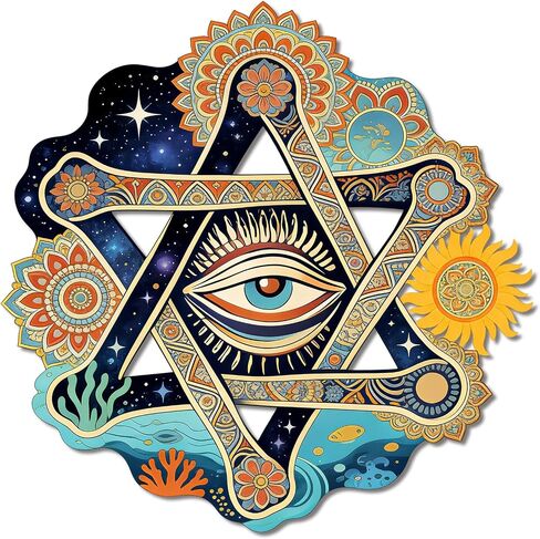 Wooden Evil Eye Wall Art Decor, 11.4" Boho Colorful Print Painting Mandala Mystical Celestial Ocean Themed Star of David Hanging Sign for Meditation Room Bedroom Hallway Bohemian Home Decor in Saudi Arabia